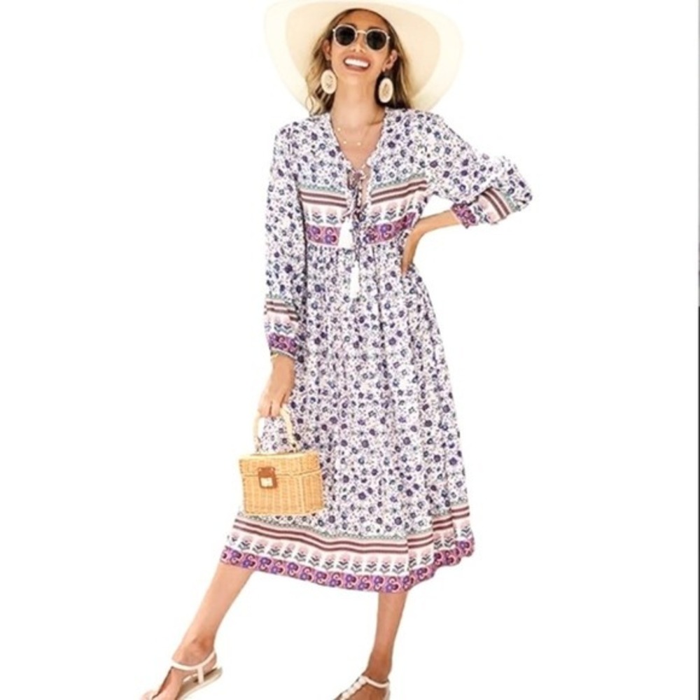 R.Vivimos Midi Dress Floral Boho Tassel Tie,‎ Womens S White Purple